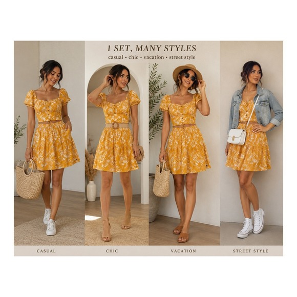 Roxy Dresses & Skirts - Roxy Women 2 Piece Set Mustard Yellow Tropical Floral Crop Top Mini Skirt Size M